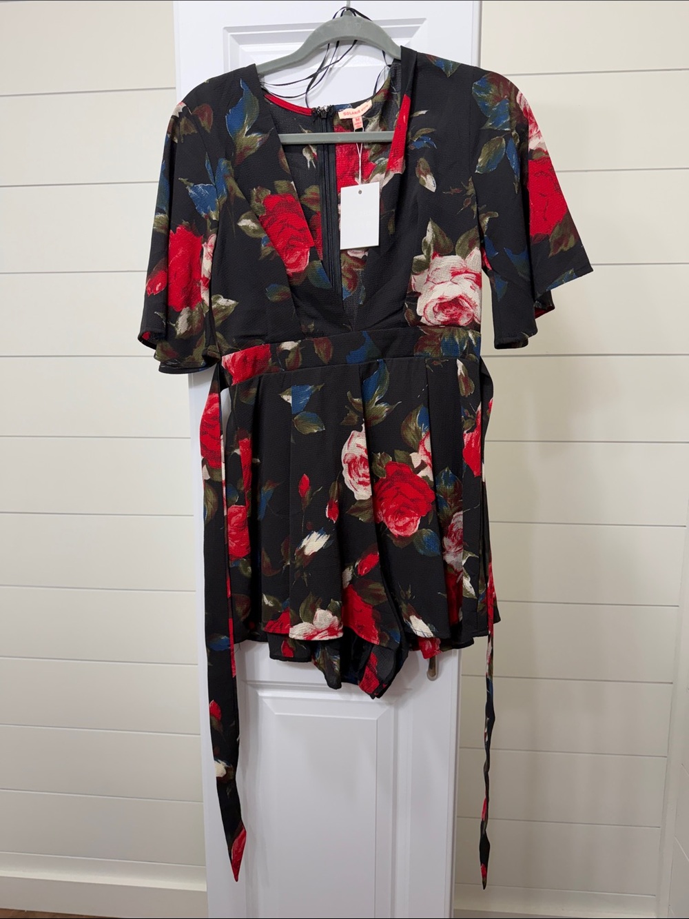 Floral Black & Red V-Neck Romper